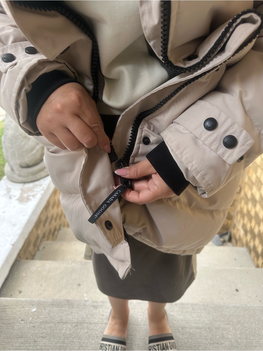 Canada Goose Light Beige Women's Down Puffer Coat with Fur-Trim Hood - Picture 6 of 11